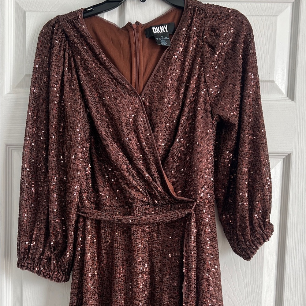 DKNY Long Sleeve Sequin Dress in Brown